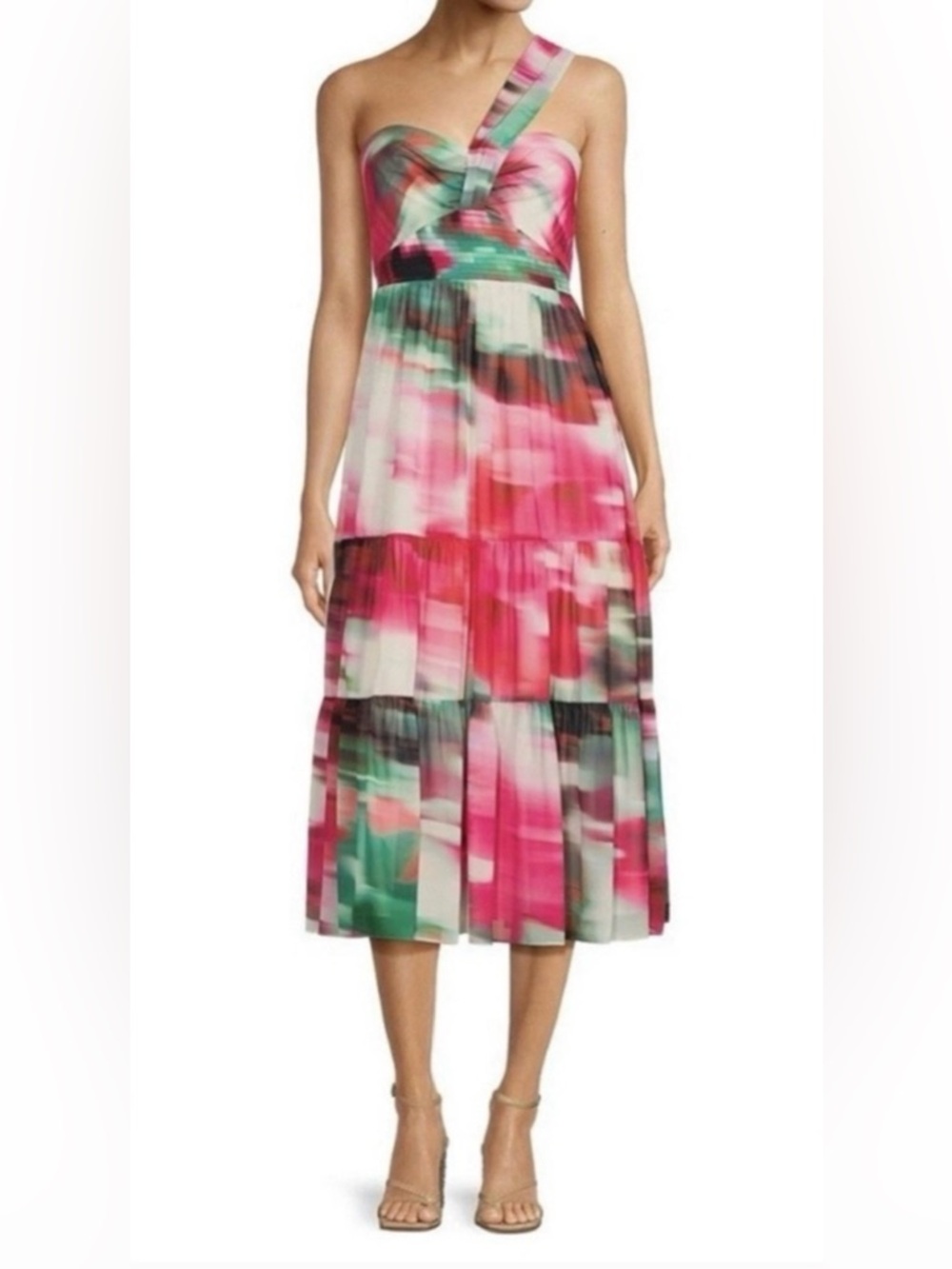 Belle Badgley Mischka Remi Georgette One Sleeve Pink Multi Midi Dress NWT Size 0